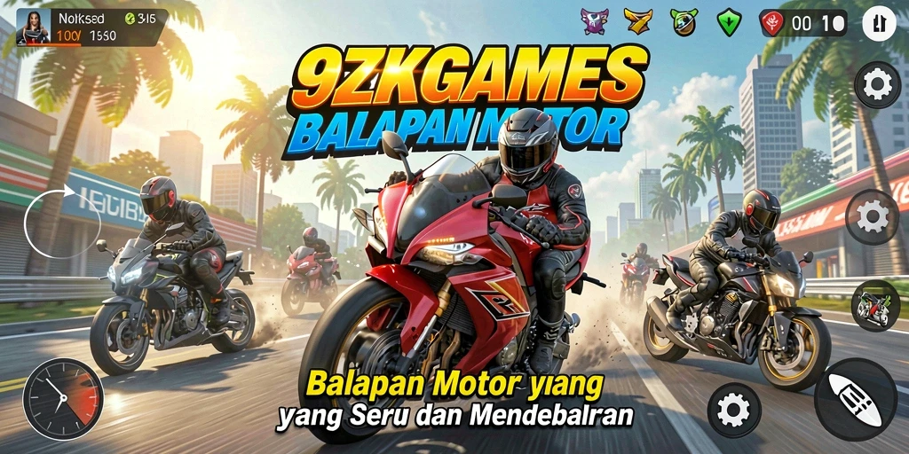 Screenshot gameplay 9ZKGAMES menampilkan aksi balapan motor yang mendebarkan.