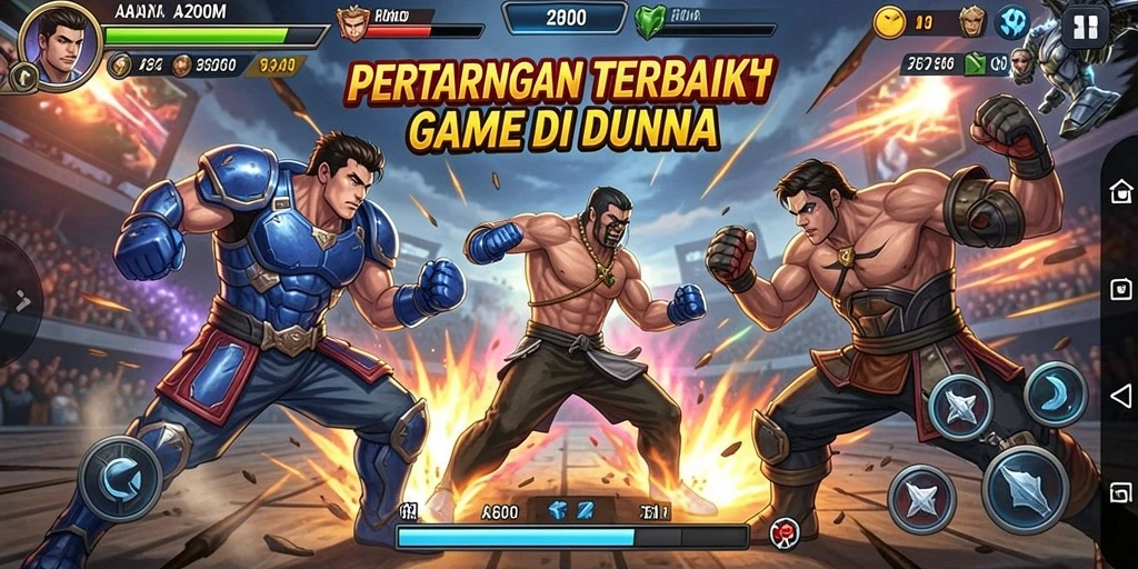 Tangkapan layar A200M menampilkan karakter bertarung di arena pertandingan.