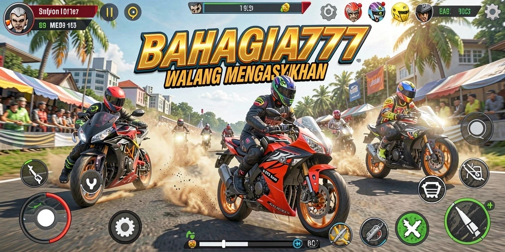 Tangkapan layar BAHAGIA777 menampilkan aksi balapan motor yang mendebarkan.