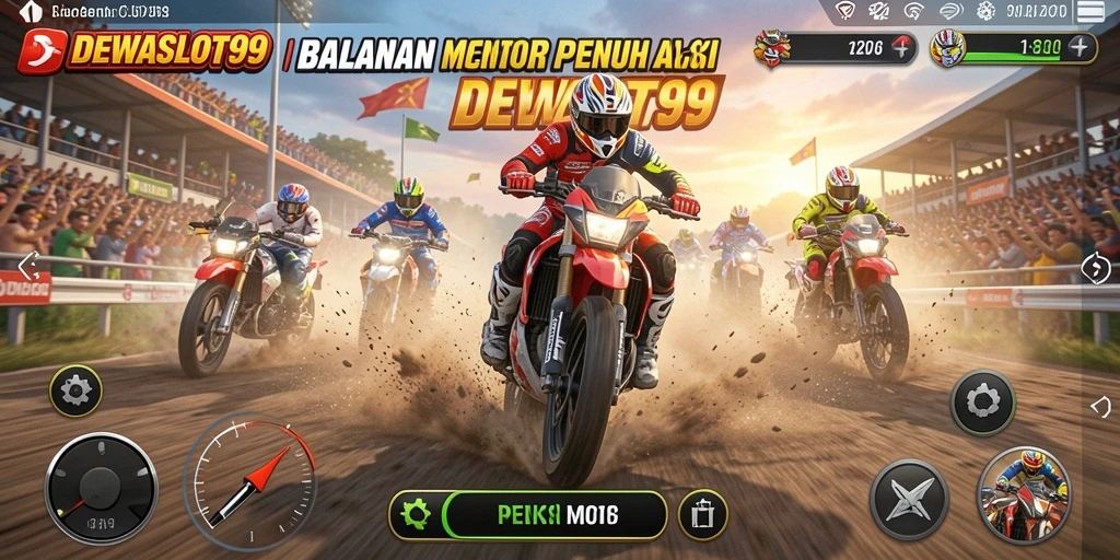 Screenshot gameplay DEWASLOT99 menampilkan aksi balapan motor yang mendebarkan.
