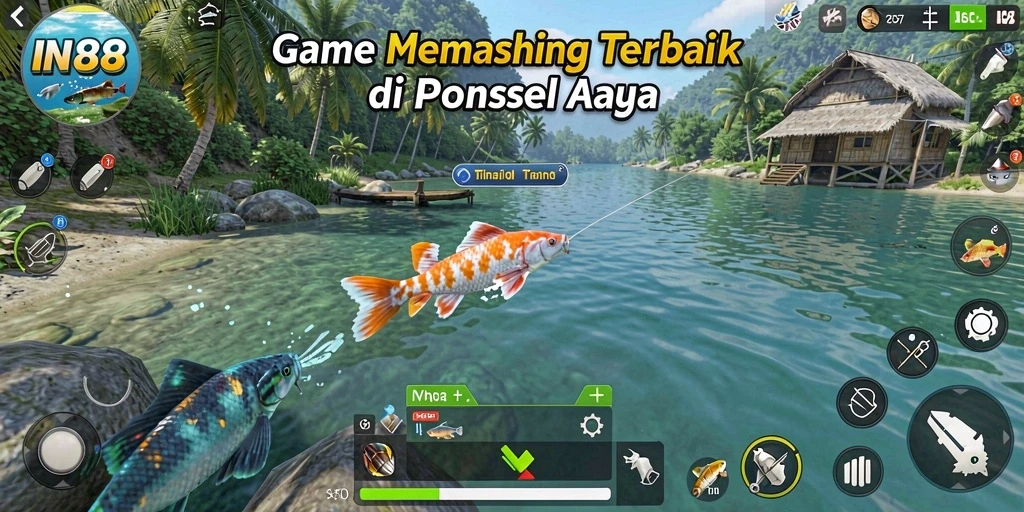 Screenshot menarik dari gameplay memancing di IN88 menunjukkan aksi menangkap ikan.