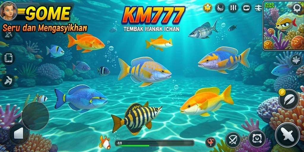 Tangkapan layar gameplay KM777 dengan aksi menembak ikan yang menegangkan.