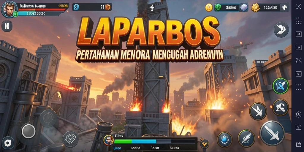 Screenshot gameplay LAPARBOS menampilkan serangan menara yang megah.