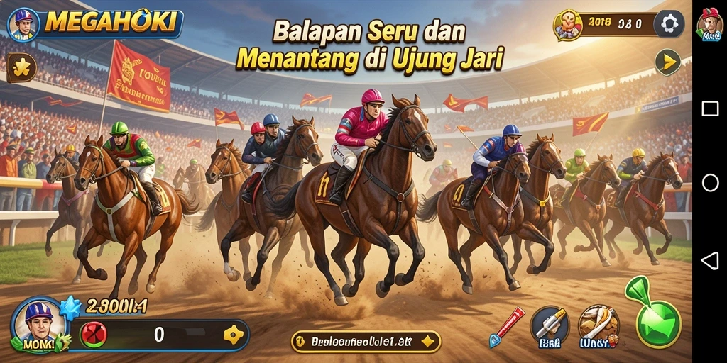 Tampilan gameplay MEGAHOKI yang mendebarkan di lintasan balap.