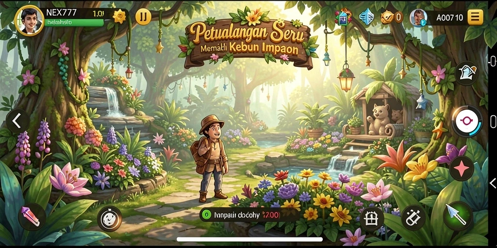 Screenshot gameplay NEX777 menampilkan kebun yang rimbun dan berwarna-warni.