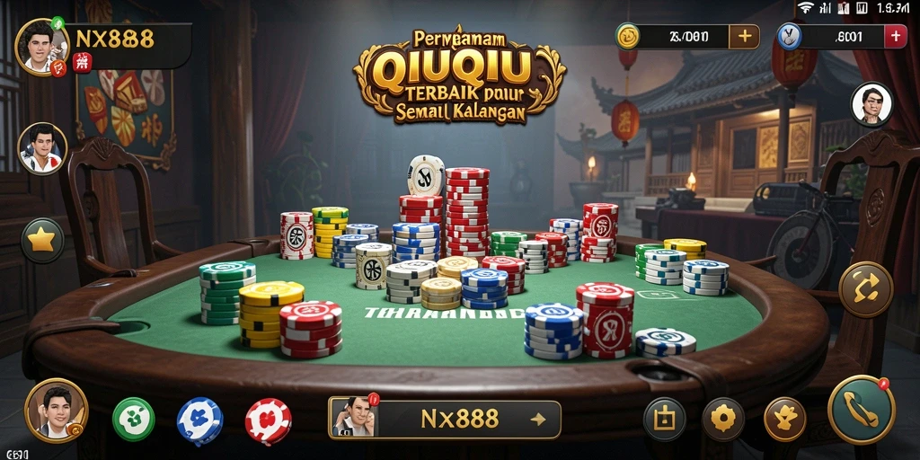 Tampilan utama gameplay QiuQiu NX888 dengan kartu yang menarik.