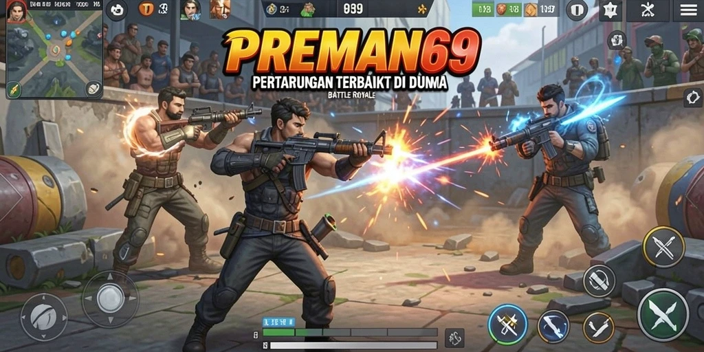 Screenshot gameplay PREMAN69 menampilkan aksi Battle Royale yang mendebarkan.