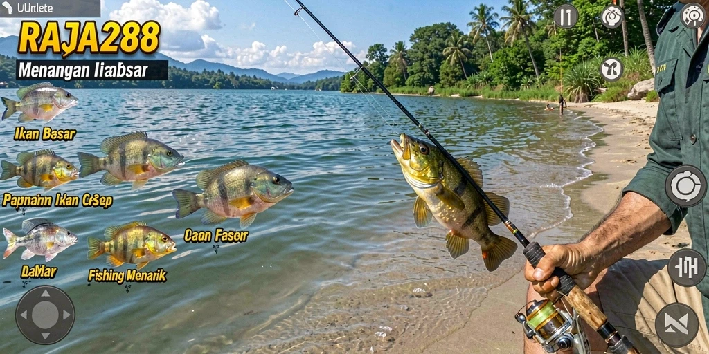 Screenshot gameplay RAJA288 menunjukkan kegembiraan memancing dengan berbagai ikan yang berwarna-warni.