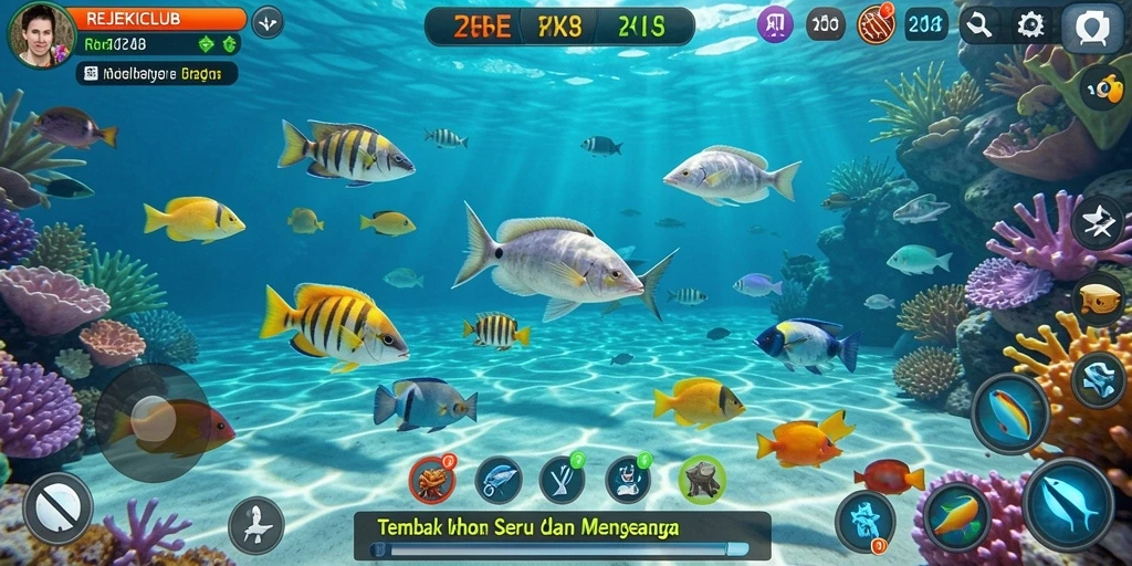 Tampilan gameplay seru REJEKICLUB saat berburu ikan.