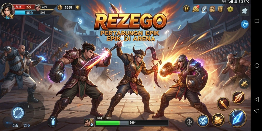 Tampilan gameplay REZEGO dengan pertarungan seru antar karakter.