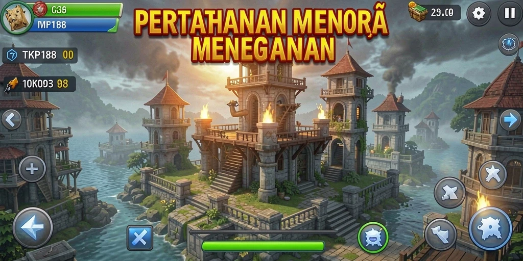 Screenshot gameplay TKP188 menampilkan pertahanan menara yang strategis.