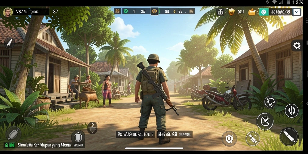 Screenshot V87 menampilkan aktivitas karakter dalam simulasi kehidupan.