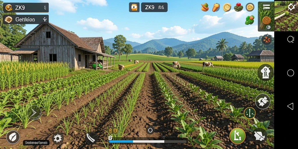 Screenshot gameplay ZK9 menampilkan kebun yang rapi dan hewan peliharaan.